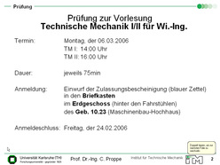 Vorlesung "Technische Mechanik I für Wirtschaftsingenieure" der Fakultät für Maschinenbau im Wintersemester 2005/2006 am 10.01.2006