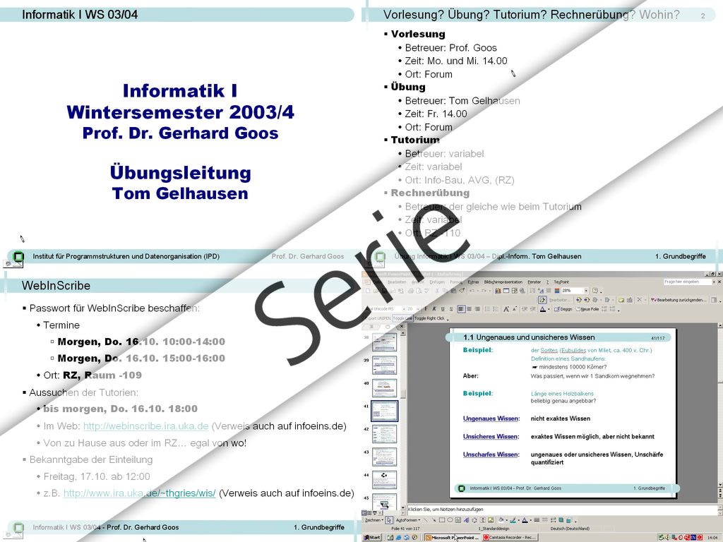 Informatik I, WS 2003/2004, Vorlesungen und Übungen